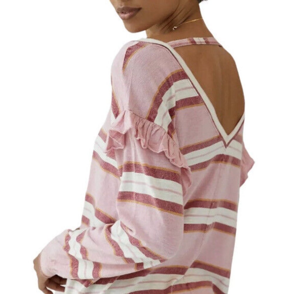 Anthropologie PILCRO RUFFLED OPEN-BACK PINK STRIPED TOP Long Sleeved